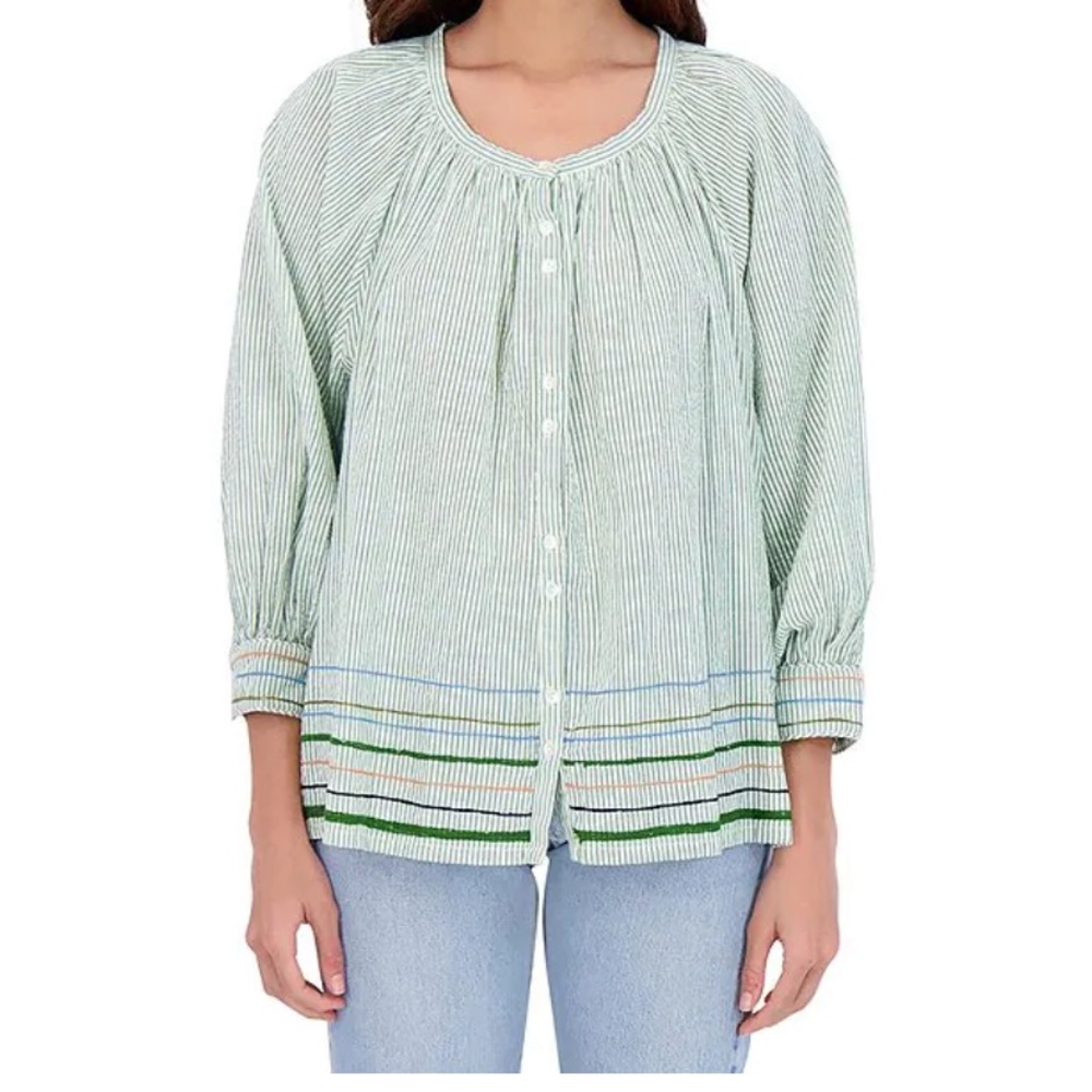 Murello Ada Embroidered 3/4 Blouson Sleeve Stripe Cotton Top